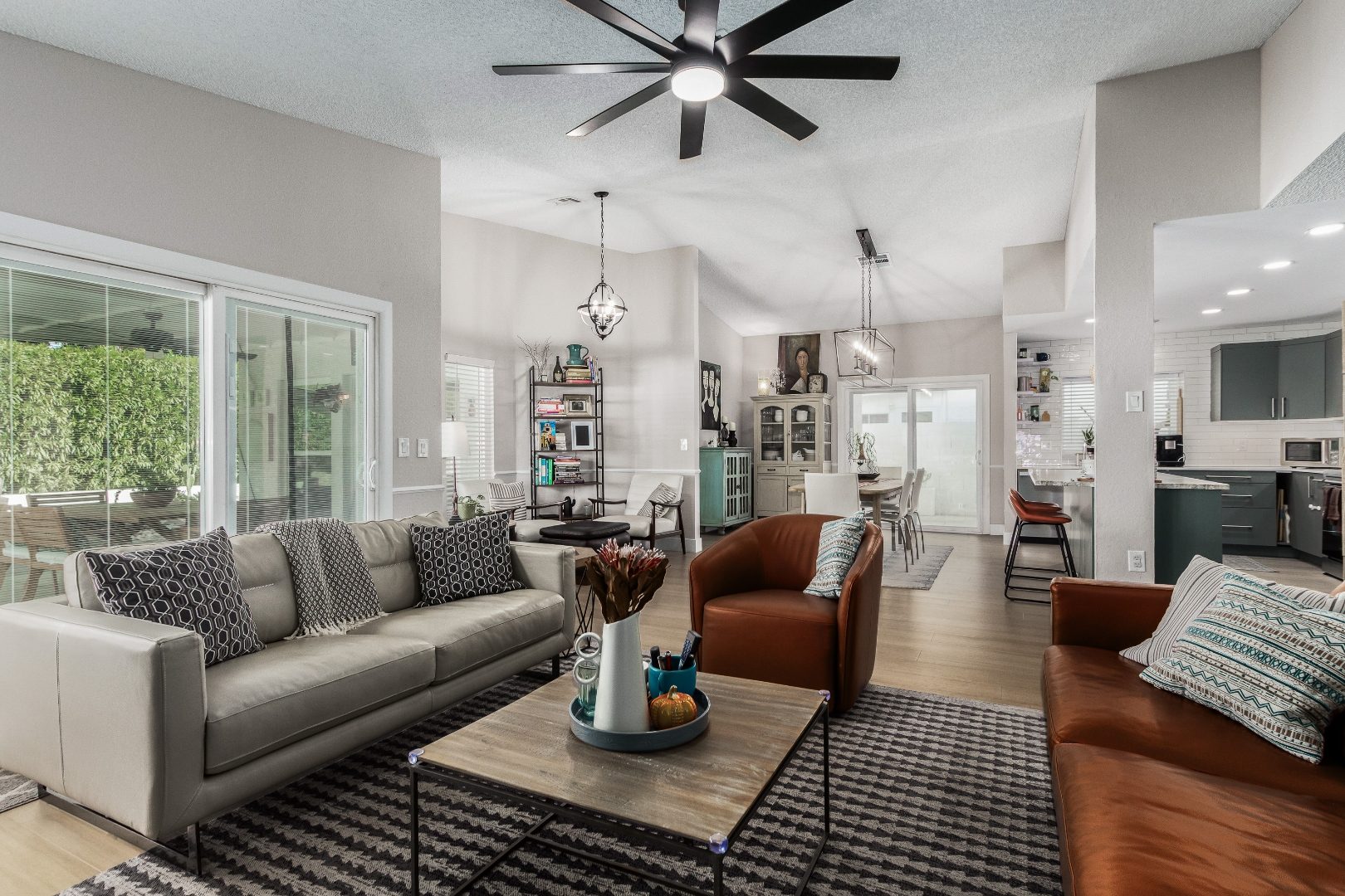 Bright modern living room interior real estate photo with natural light